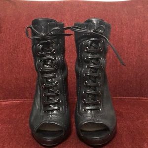 Miu miu black lace up peep toe booties